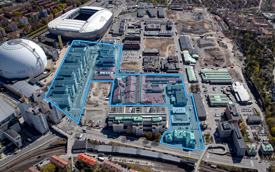 Visionsbild över östra delen av parken Fållan med Slakthallarna i bakgrunden.